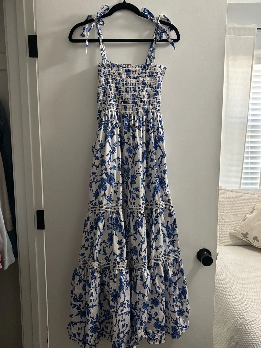 Tory Burch White and Blue Floral Tie-Shoulder Maxi Dress